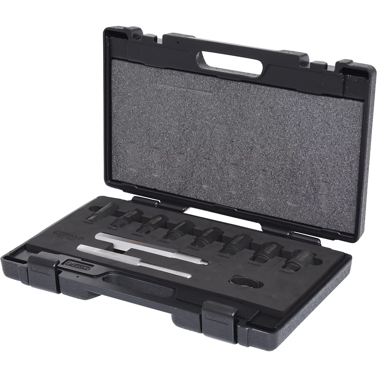 Schwarzer Werkzeugkoffer mit Schaumstoffeinlage, geöffnet. Enthalten sind silberne Werkzeuge in verschiedenen Formen.